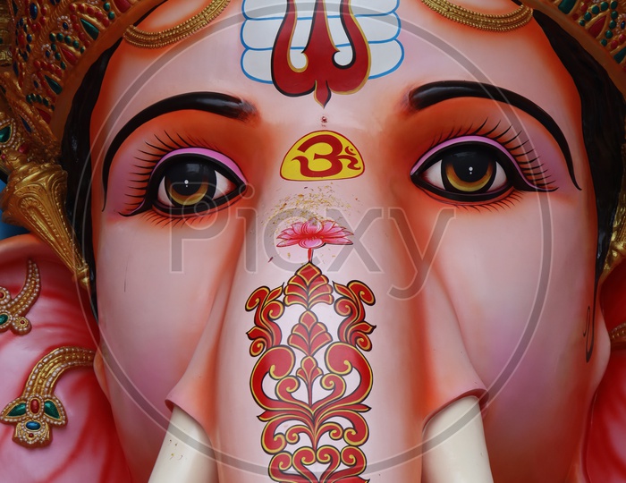 Face Closeup of  Sri Dwadashaditya Maha Ganapathi Idol In Khairatabad For Ganesh Chathurdhi Festival 2019