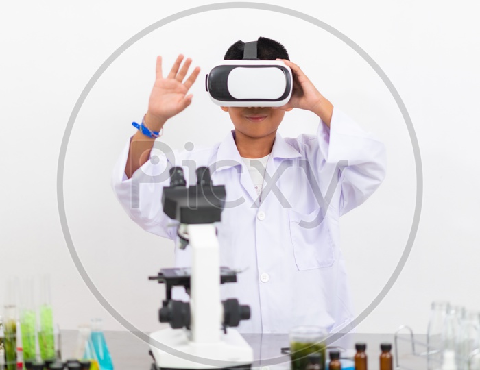 Young Enthusiast Teen  Boy in Laboratory Wearing A VR Headset , Enjoying