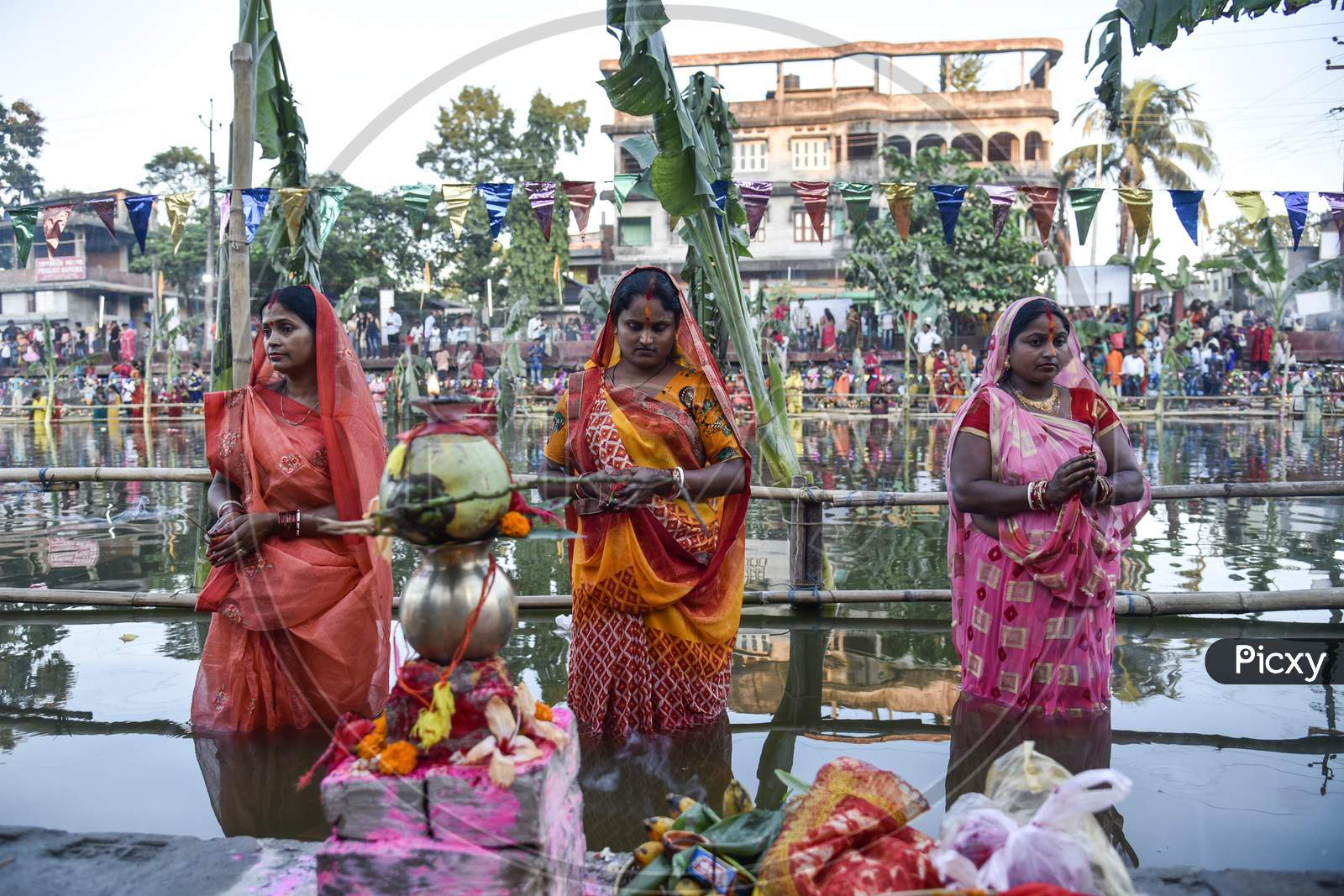 Chhath Puja Festival. Barpeta, Assam.Hindu Devotees Offer Prayers During The Chhath Puja Festival At Barpeta Road Town In Barpeta District Of Assam