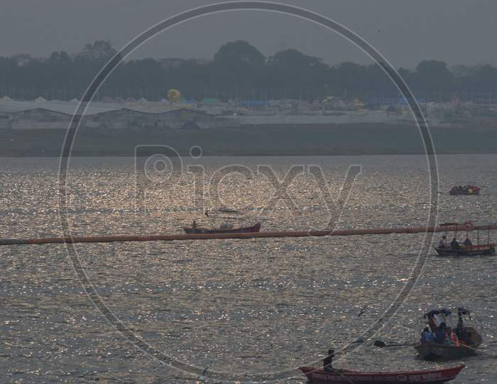 Tourists Boats On River Triveni Sangam At Prayagraj During Ardh kumbh Mela