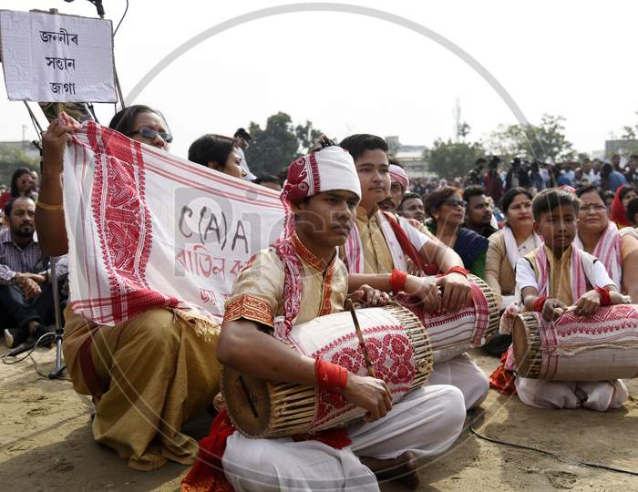 Folk Artists With Drums Protesting Against The CAA, CAB And NRC Bill Amendment In Guwahati Assam