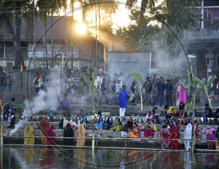 Chhath Puja Festival. Barpeta, Assam.Hindu Devotees Offer Prayers During The Chhath Puja Festival At Barpeta Road Town In Barpeta District Of Assam