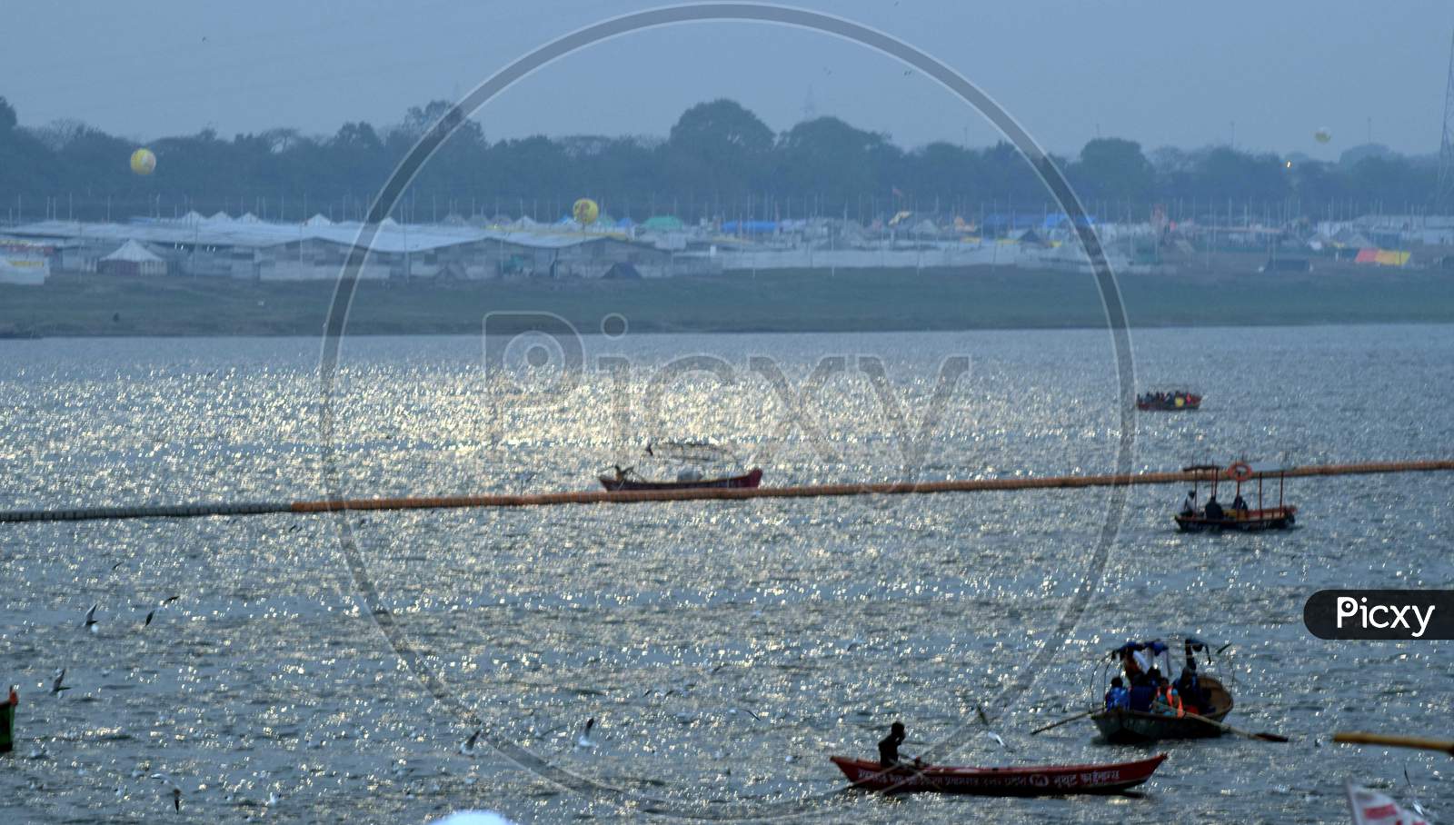 Tourists Boats On River Triveni Sangam At Prayagraj During Ardh kumbh Mela