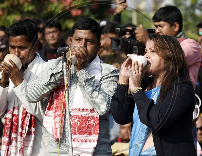 Folk Artists Play Traditional Musical Instruments And Beat Drums (Nagaras) During A Protest Against The Citizenship Amendment Act (Caa) 2019, In Guwahati,