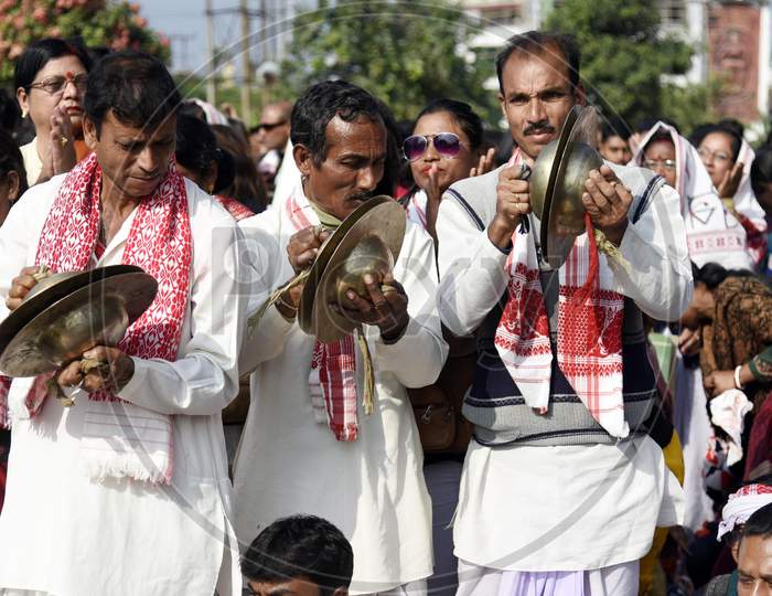 Folk Artists Play Traditional Musical Instruments And Beat Drums (Nagaras) During A Protest Against The Citizenship Amendment Act (Caa) 2019, In Guwahati,