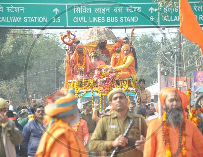 Indian Sadhu Or Baba In Procession At Prayagraj During Ardh Kumbh Mela 2019