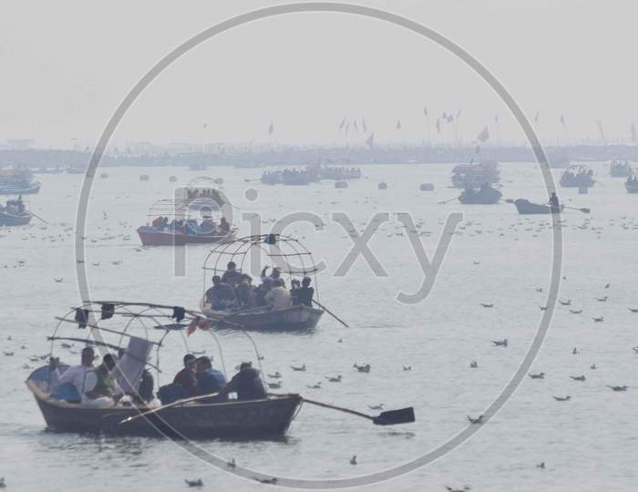 Boats On River Triveni Sangam During Ardh Kumbh Mela in  Prayagraj