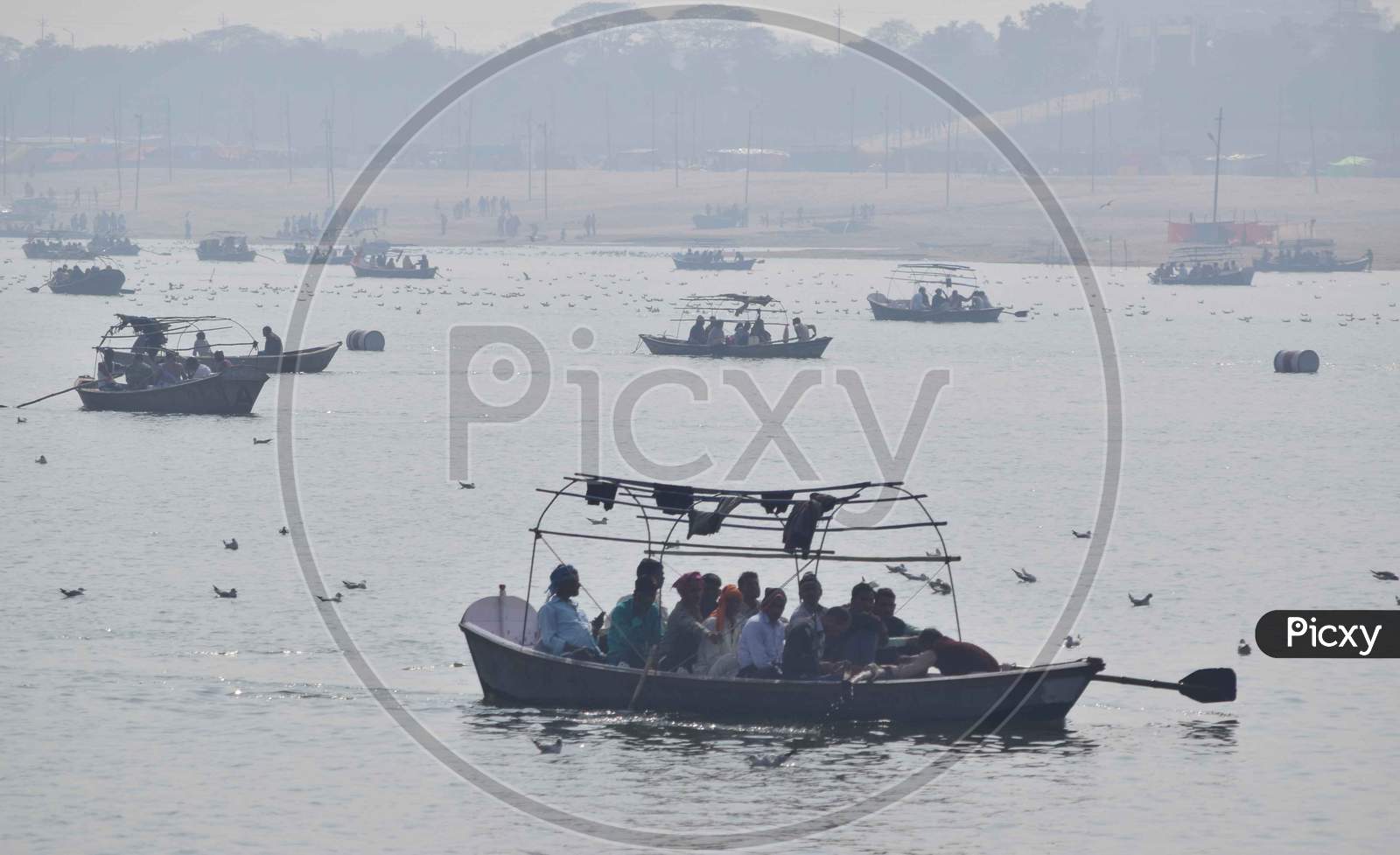 Boats On River Triveni Sangam During Ardh Kumbh Mela in  Prayagraj