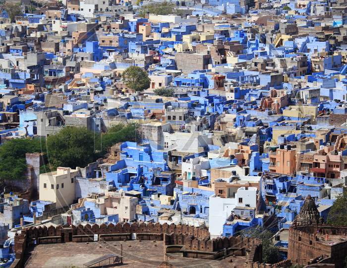 Aerial View Of  City Scape Of  Jodhpur With Blue Painted Houses
