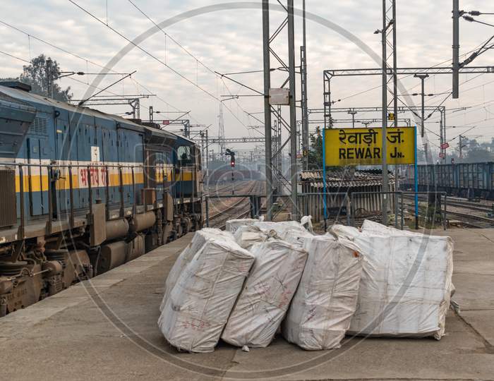 Rewri Jn Railway Station With Indian Railways Train And Goods Deported On Platforms