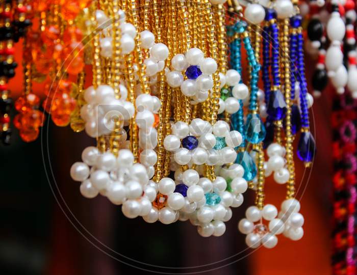 Hand Made Pearl Necklaces in Stalls At Shilpagram