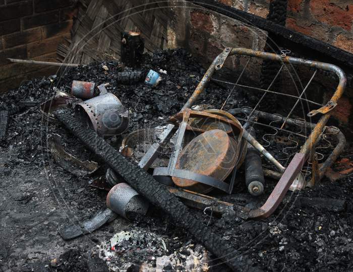 Remains of  A House Catch Fire And Gas Cylinder Burst Due To Fire Accident In Guwahati, Assam