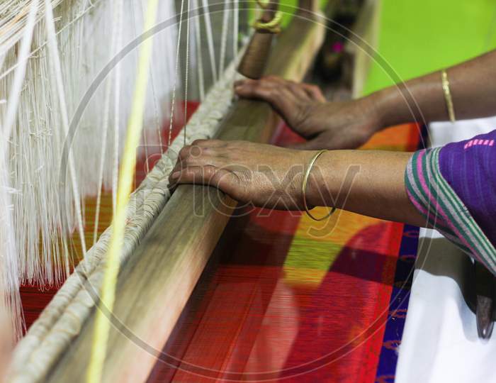 Weaver Weaving Saree in an Stall