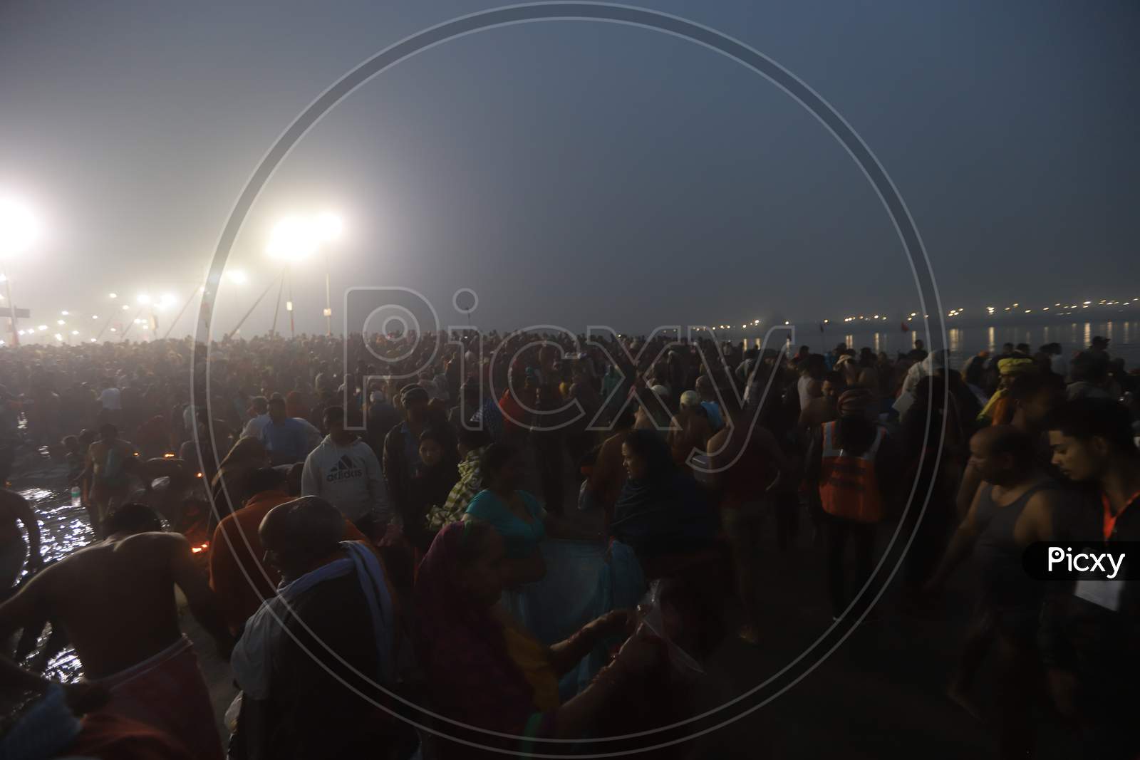 Hindu Devotees Taking Holy Bath In  Triveni Sangam During Magh Mela 2020  at Prayagraj, Allahabad