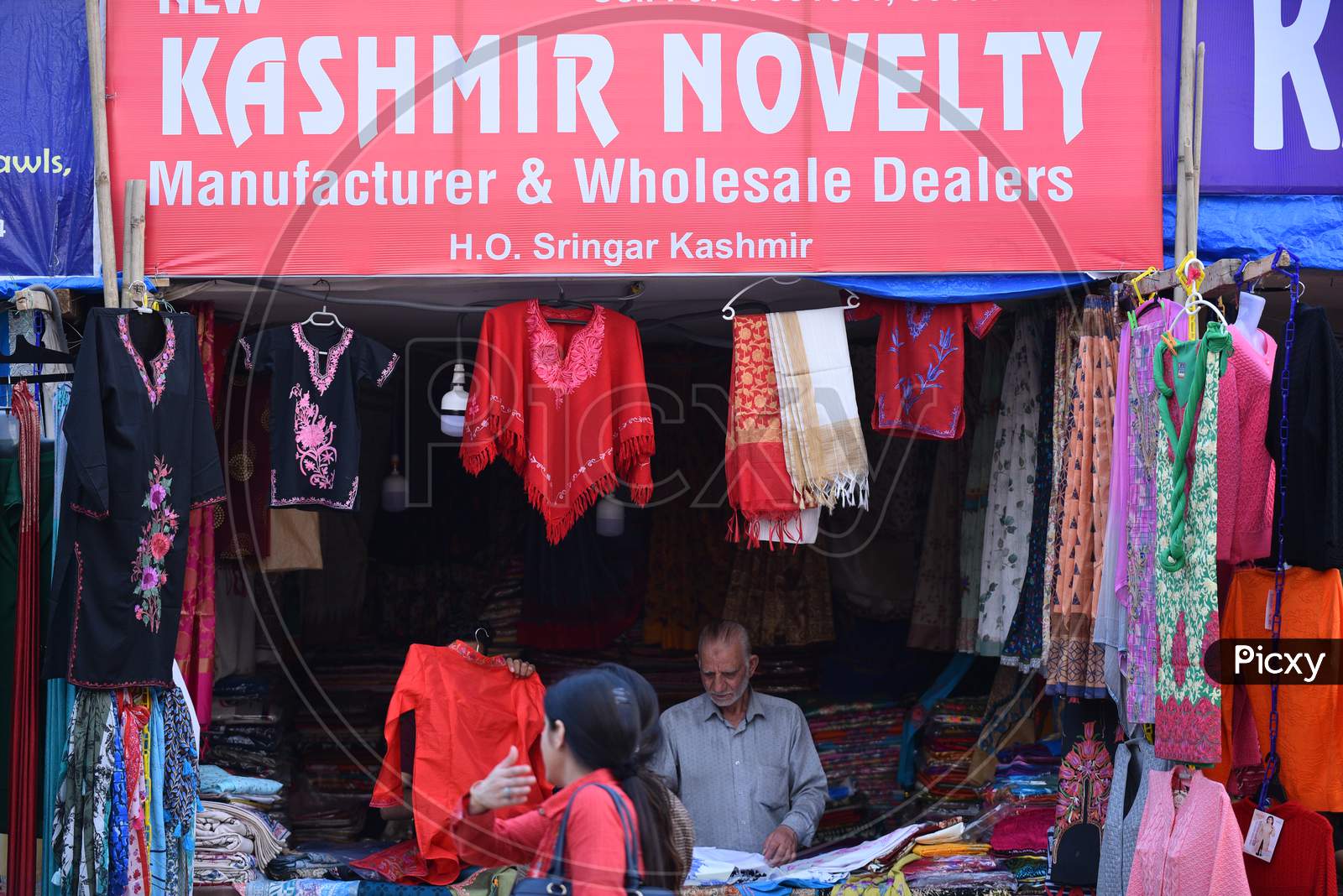 A Kashmiri Textile shop of shawls and kurtas in a stall at Numaish Exhibition