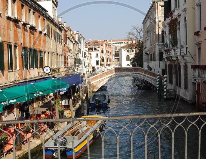 Gondola boats in the grand channel in Venice