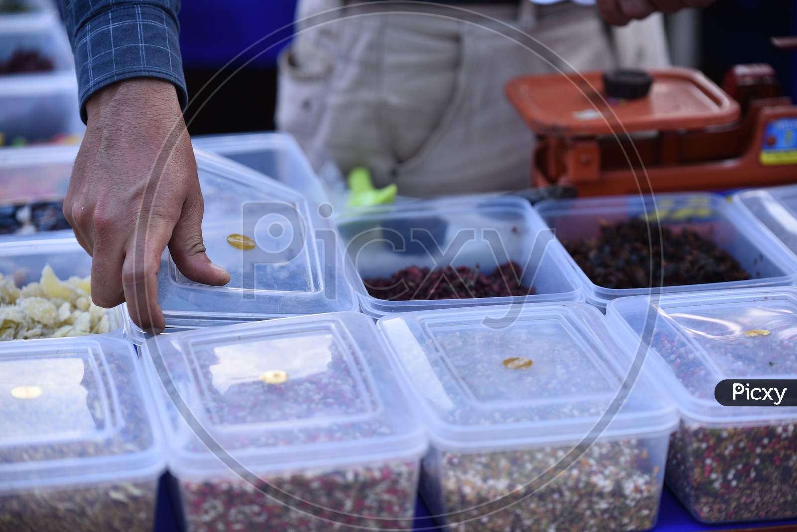 different types of Saunf,candies, spices and in a stall at Numaish Exhibition,Nampally