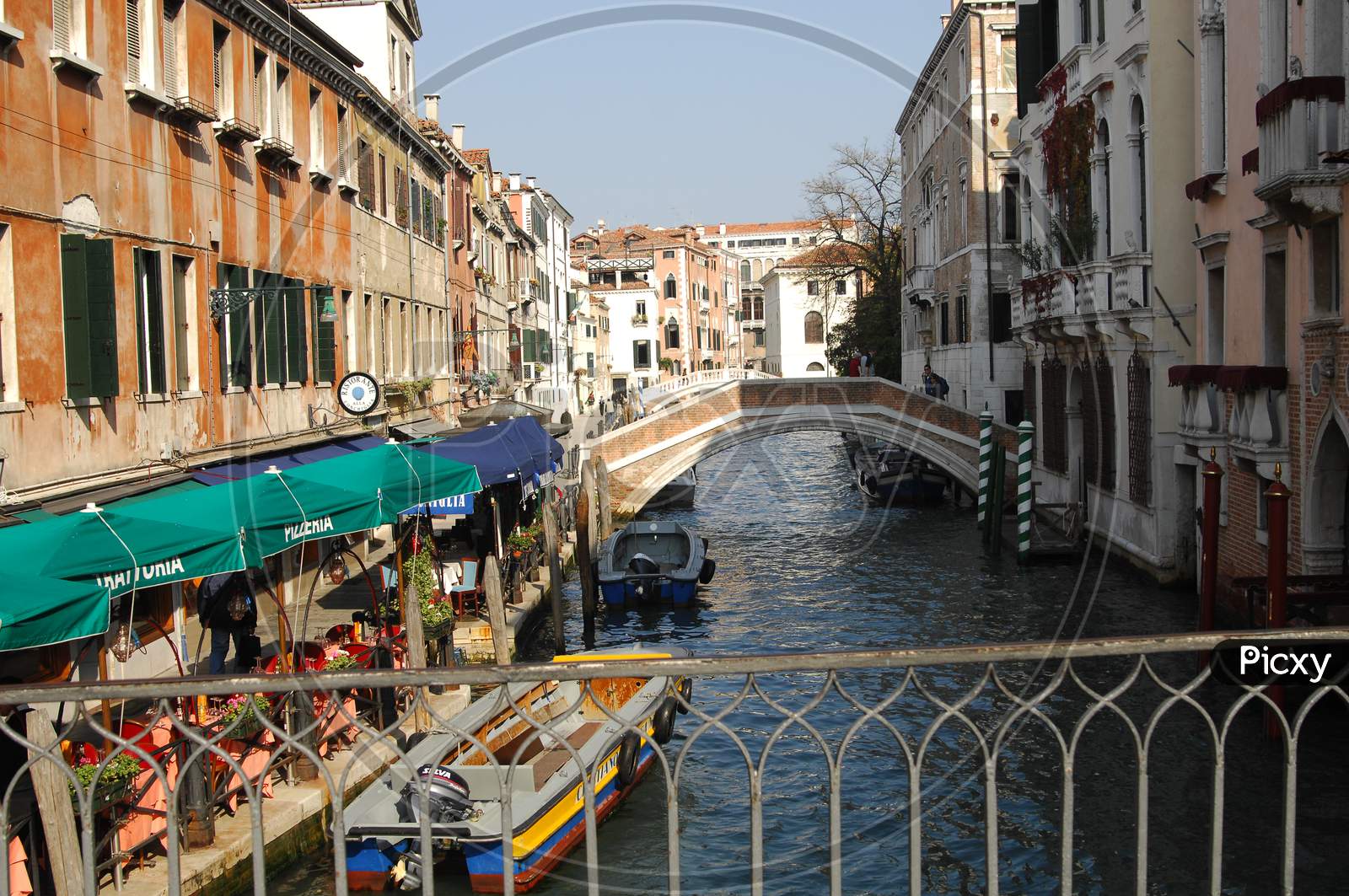 Gondola boats in the grand channel in Venice