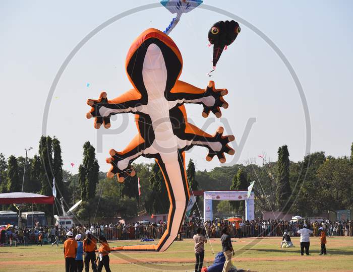 lizard shaped kite at International Kite Festival 2020, Parade Grounds,Hyderabad.