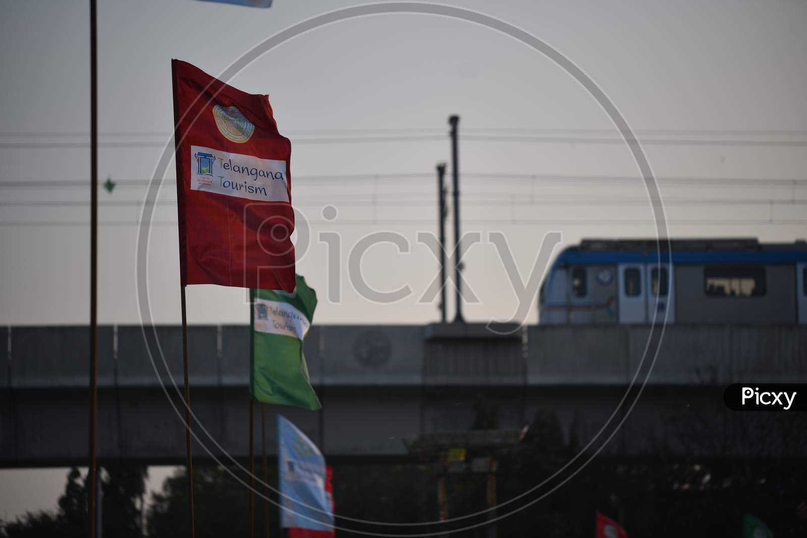 Telangana Tourism Flags and Hyderabad Metro Rail at International Kite Festival 2020, Parade Grounds,Hyderabad