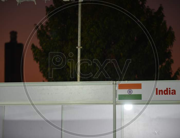 India Flag and Indian National Emblem at War memorial in Parade Grounds