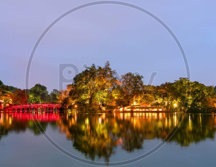 The Huc Bridge And The Temple Of The Jade Mountain On Hoan Kiem Lake In Hanoi, Vietnam