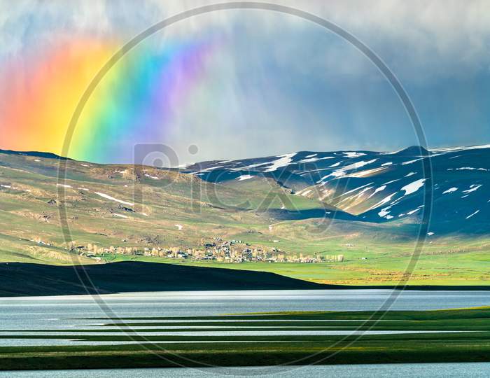 Rainbow Above Cat Dam Lake In Turkey