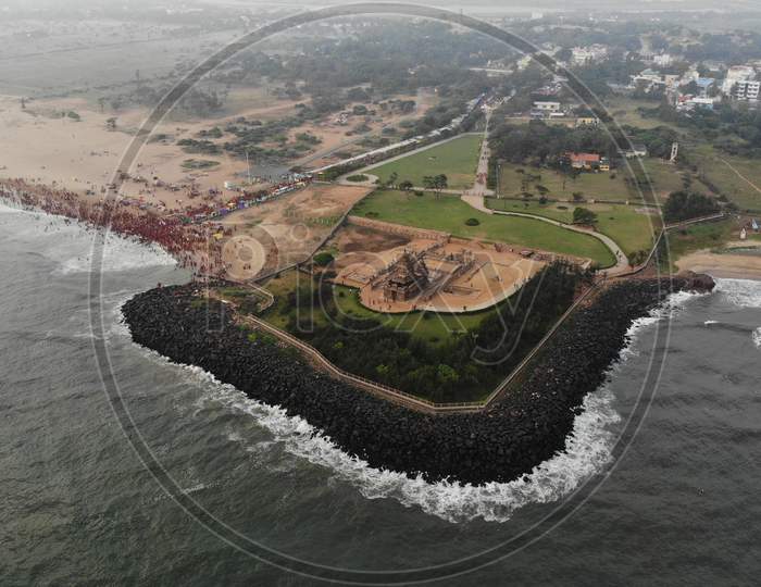 Drone Shot Of Mahabalipuram Beach and Shore Temple