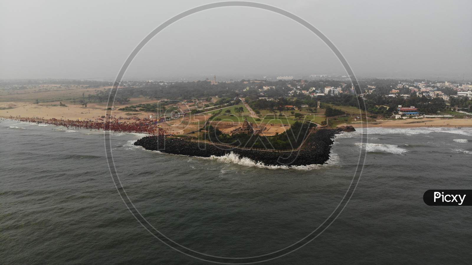 Drone Shot Of Mahabalipuram Beach and Shore Temple