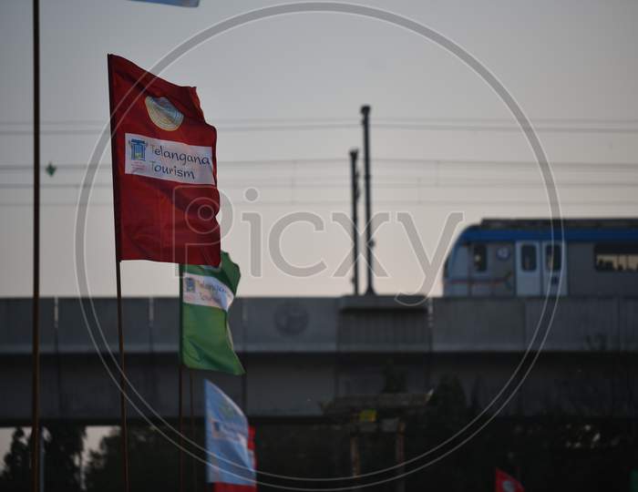 Telangana Tourism Flags and Hyderabad Metro Rail at International Kite Festival 2020, Parade Grounds,Hyderabad