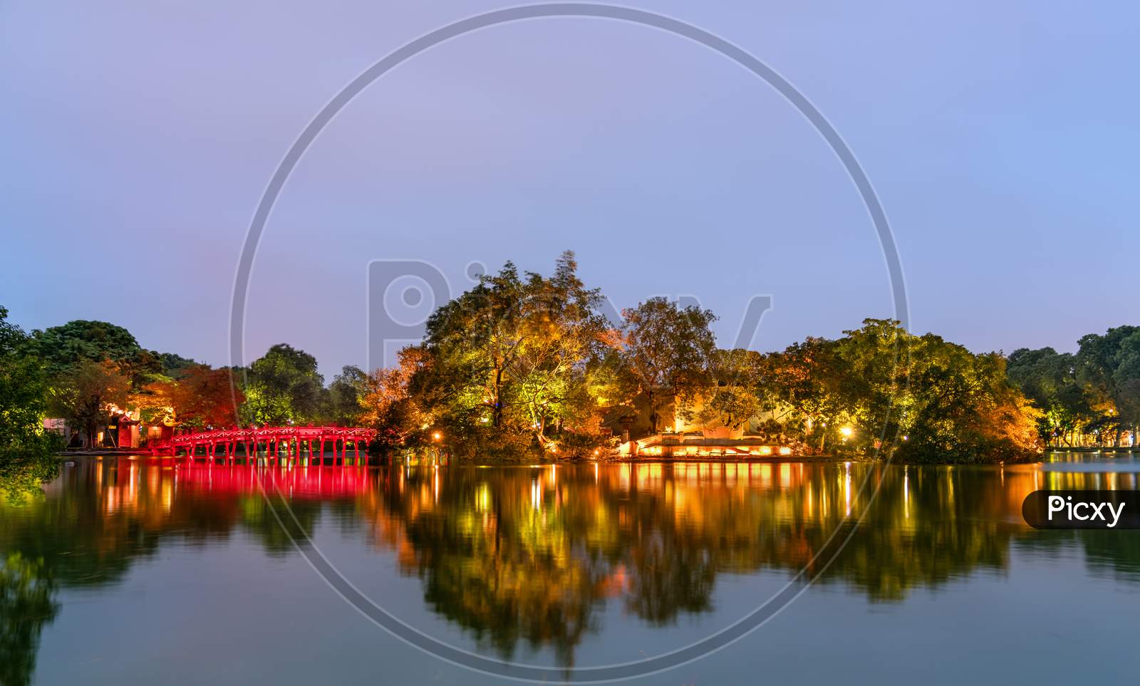The Huc Bridge And The Temple Of The Jade Mountain On Hoan Kiem Lake In Hanoi, Vietnam