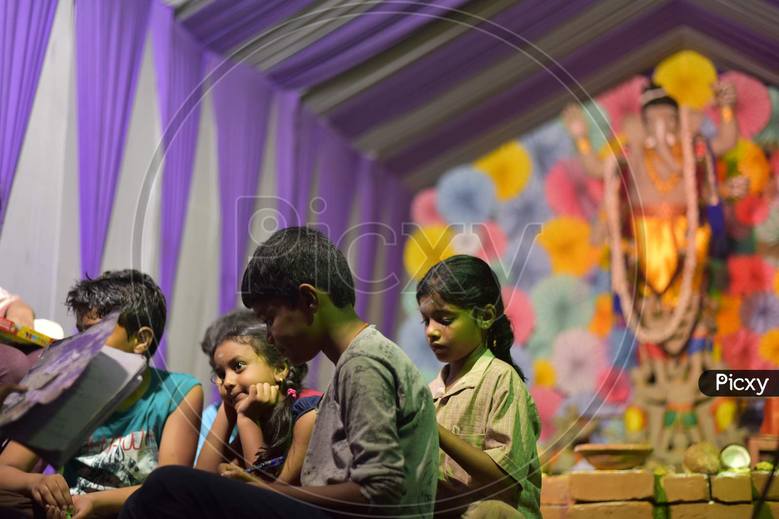 Indian Children At Pandals At Ganesh  Chathurdhi Festival