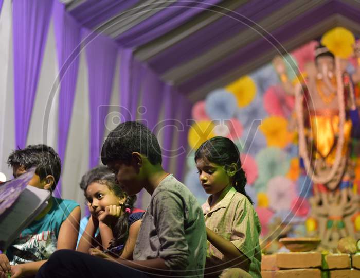 Indian Children At Pandals At Ganesh  Chathurdhi Festival