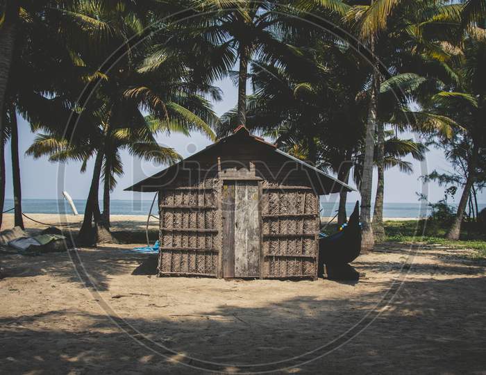 View of Hut Surrounded by Coconut Trees at Marari Beach, Kerala