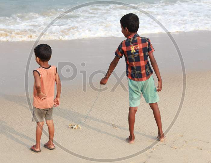 A Kid Playing with Crab on the Shore, Kerala