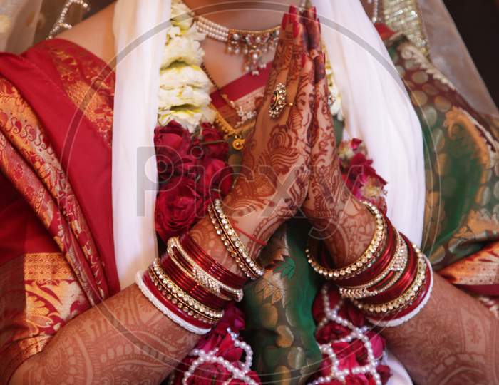 Indian Traditional Marriage Scenes With Bride Hands Closeup During Wedding Rituals