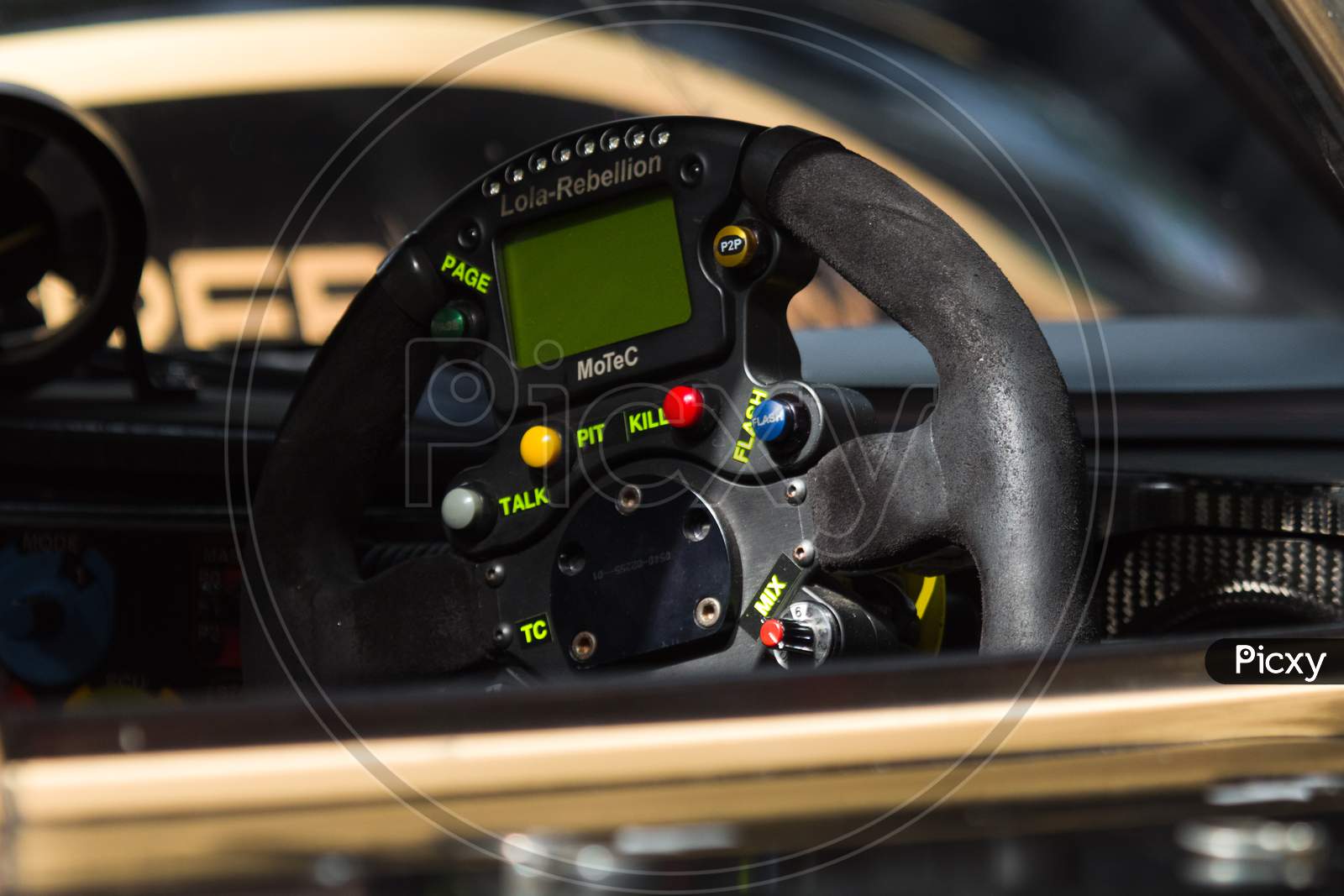 Racing car steering wheel detail