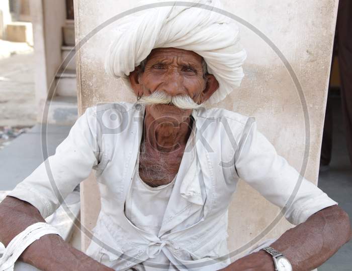 Portrait of Rajasthani Old Man wearing Turban