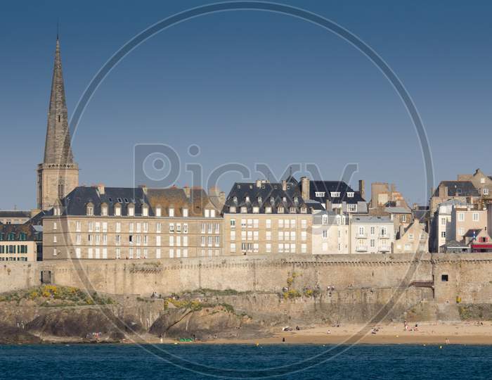 Landscape of Yacht harbour and walled city of St Malo, Brittany, France