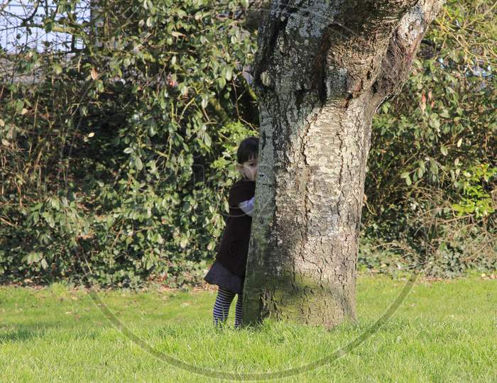 A Little girl hiding by the tree