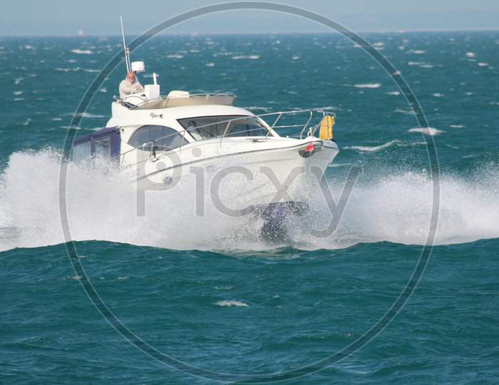 A Speed Boat in the Sea at Chausey, Normandy, France