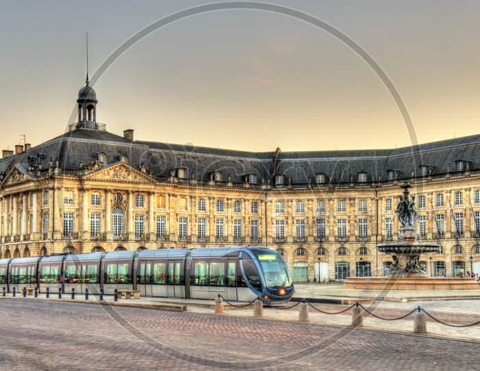 Tram On Place De La Bourse In Bordeaux, France