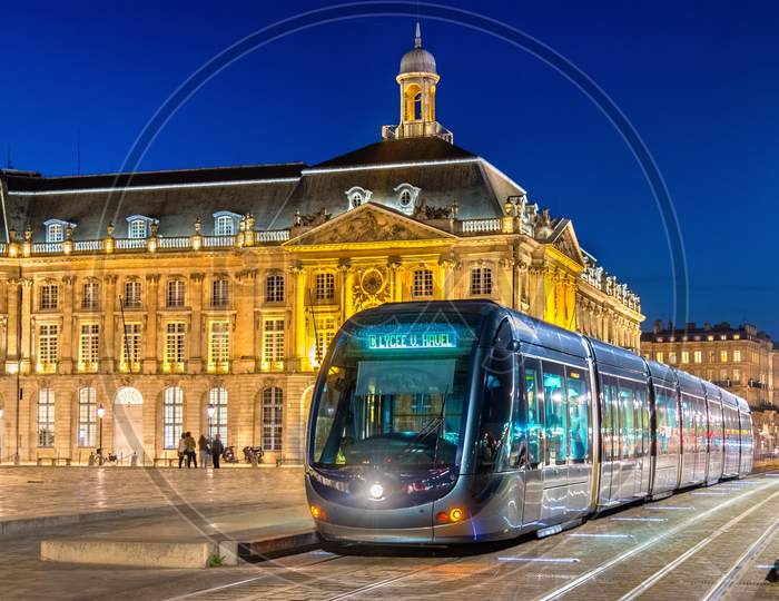 Tram On Place De La Bourse In Bordeaux, France