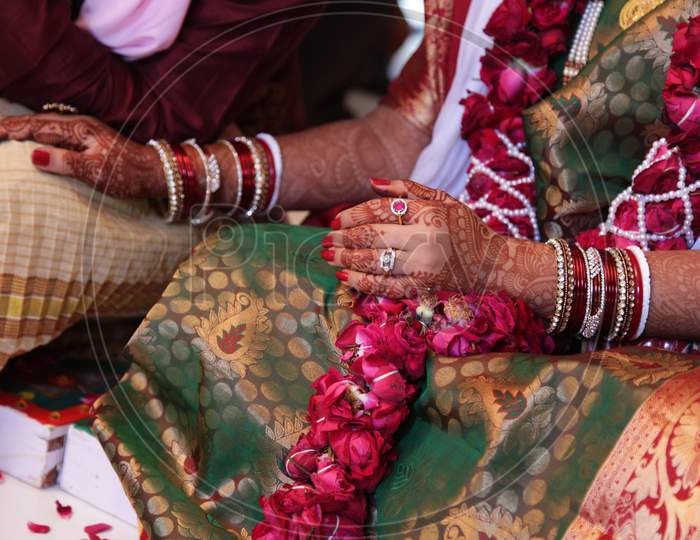 Indian Traditional Marriage Scenes With Bride Hands Closeup During Wedding Rituals