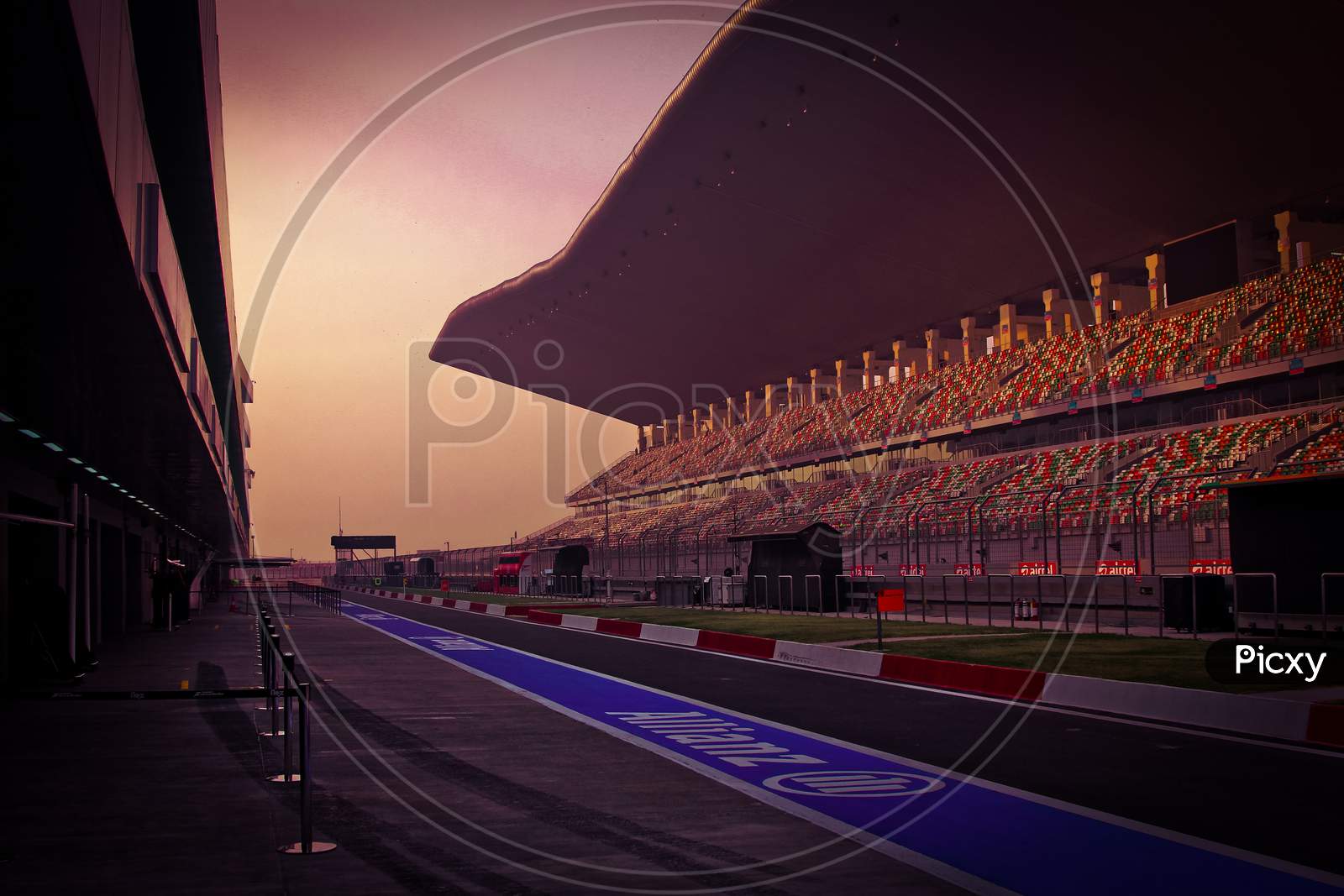 Buddh International Circuit pit-lane and grandstand at dawn, Greater Noida, India