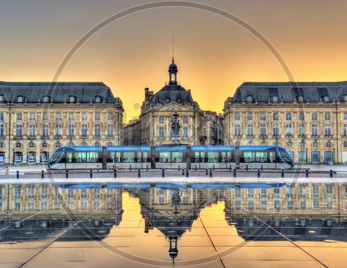 Place De La Bourse Reflecting From The Water Mirror In Bordeaux, France