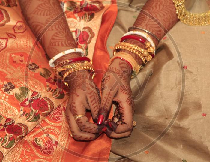 Indian Traditional Hindu Wedding Scenes With Bridegroom Hands Closeup