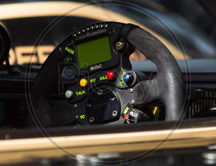 Racing car steering wheel detail