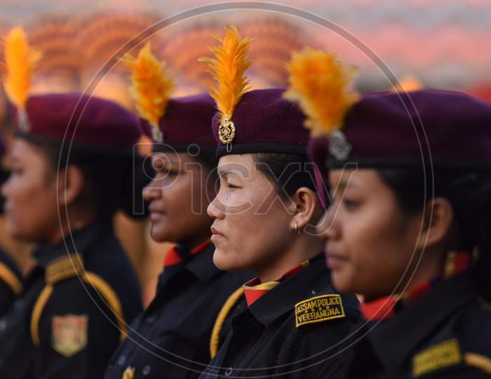 Police And Army  Woman Cadets Practicing  Marching For Republic Day Parade In khanapara, Guwahati, Assam