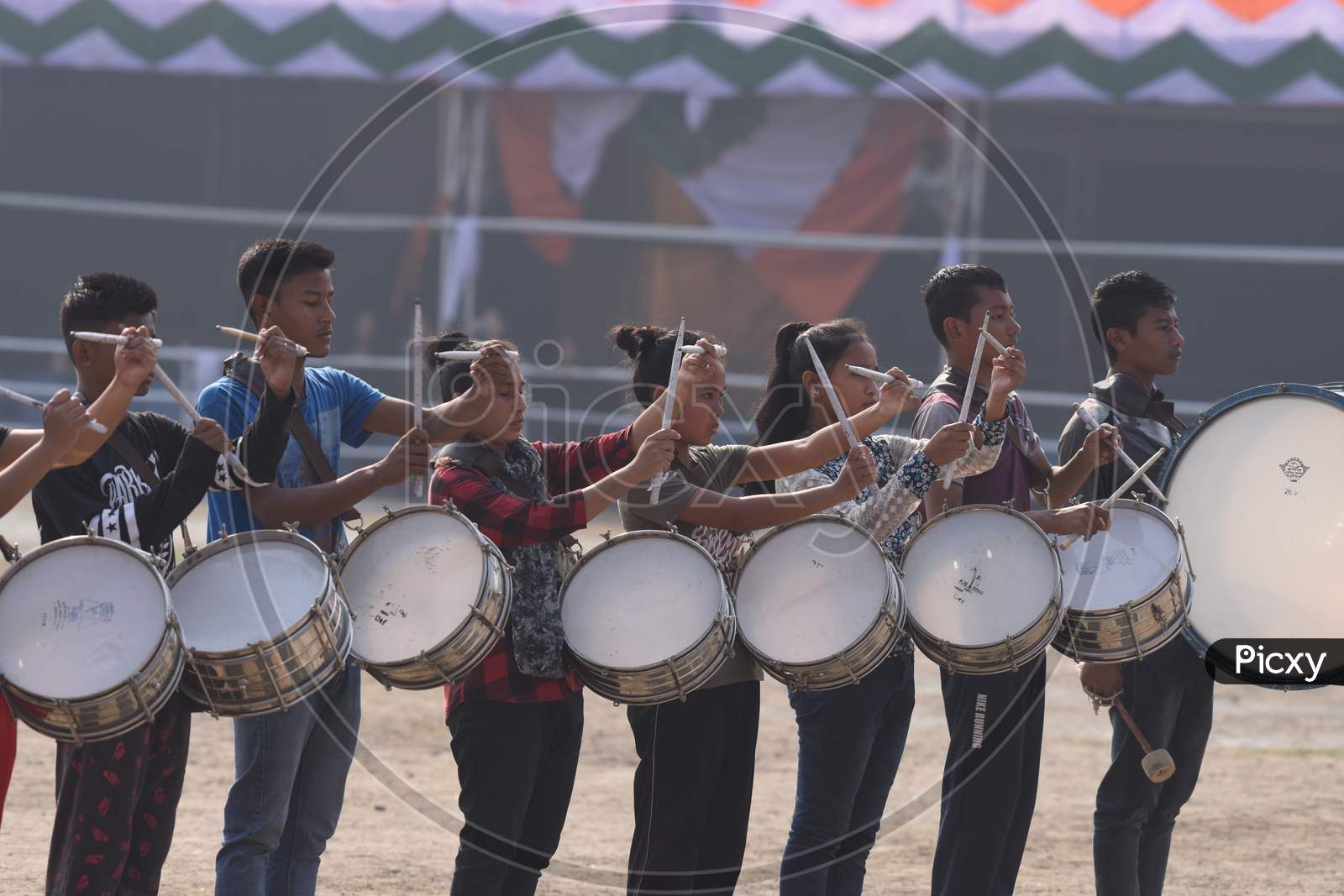 school Students Band Practicing For Republic Day Parade  With Drums in Khanapara, Guwahati, Assam